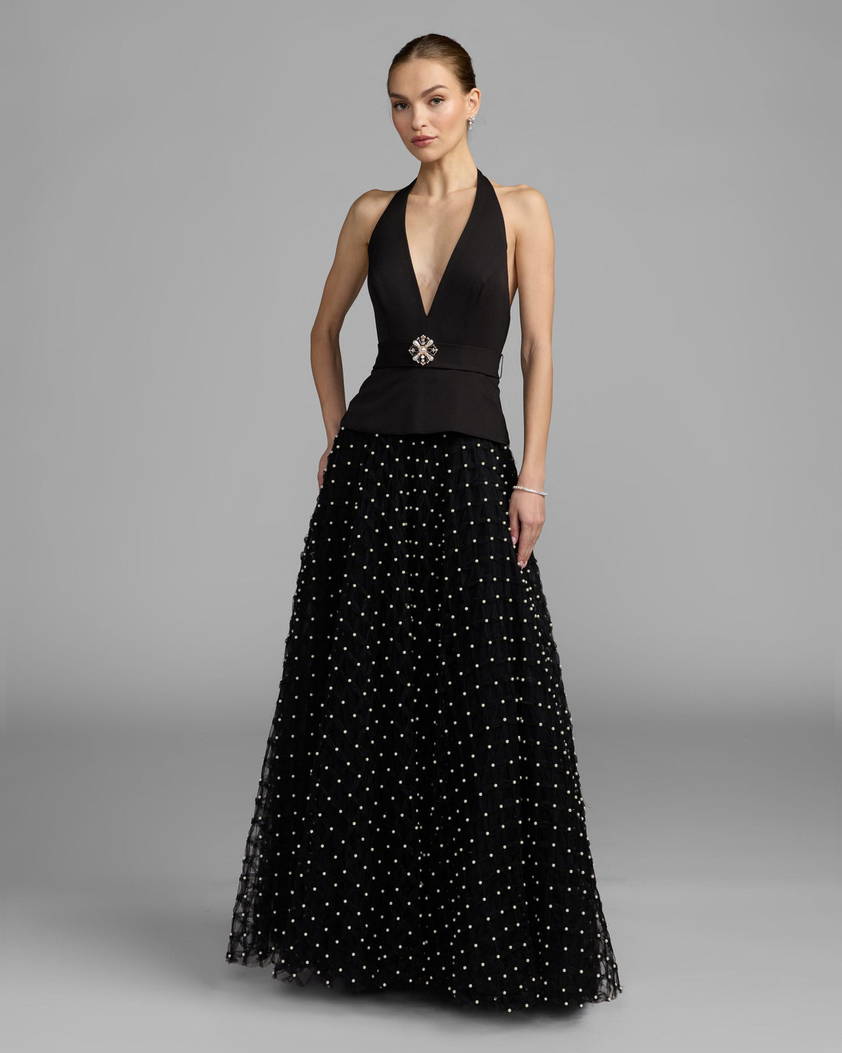 Mac Duggal Petite Black Halter Pearl Embellished A-Line Gown