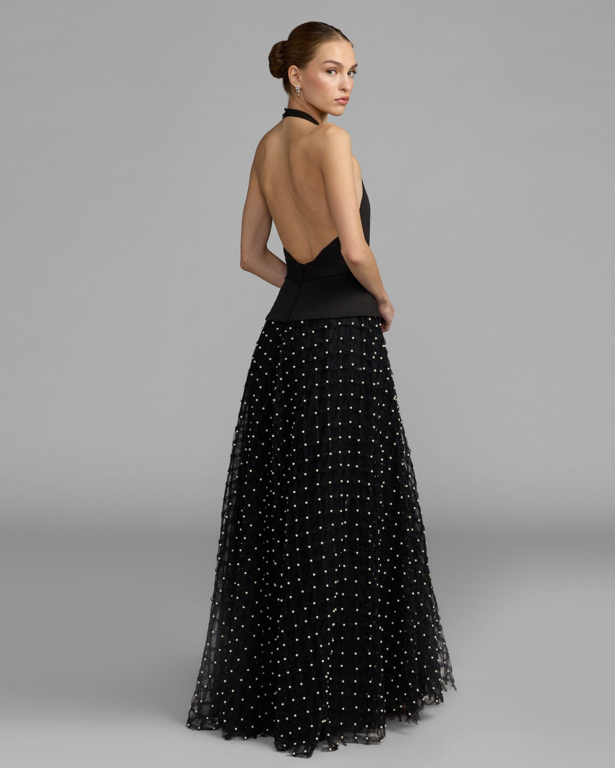 Mac Duggal Petite Black Halter Pearl Embellished A-Line Gown