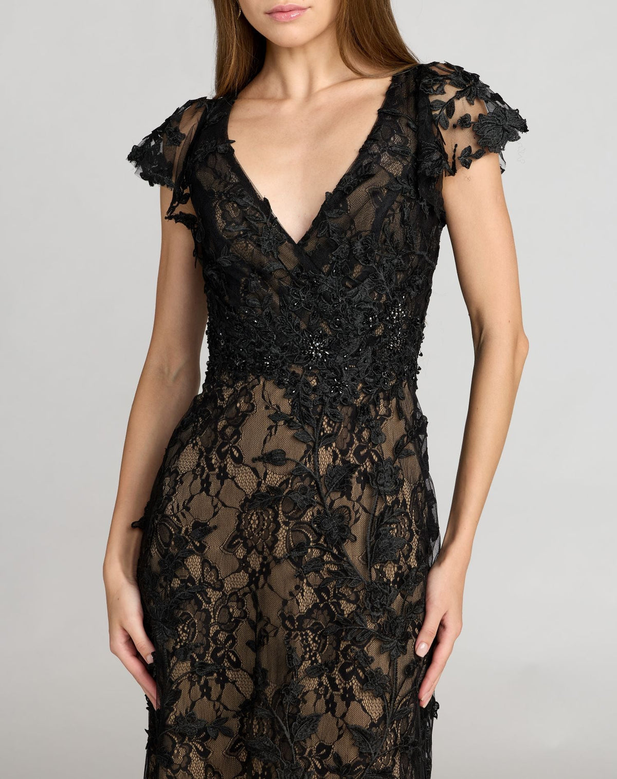 Mac Duggal Black Floral Embroidered Flutter Sleeve Gown