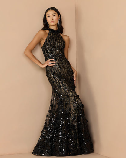Mac Duggal Black Embellished Lace Sleeveless Halter Neck Gown