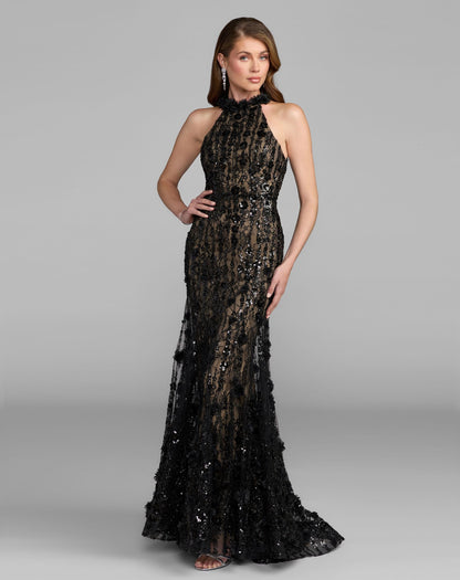 Mac Duggal Black Embellished Lace Sleeveless Halter Neck Gown