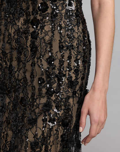 Mac Duggal Black Embellished Lace Sleeveless Halter Neck Gown