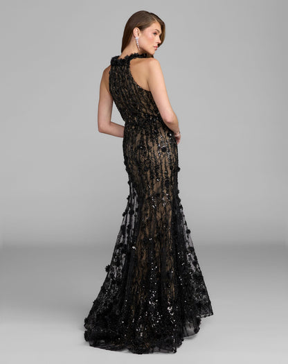 Mac Duggal Black Embellished Lace Sleeveless Halter Neck Gown