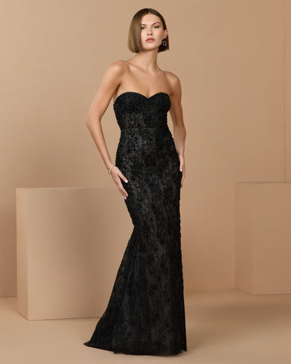 Mac Duggal Black Embellished Strapless Bustier Gown With Sweeping Train