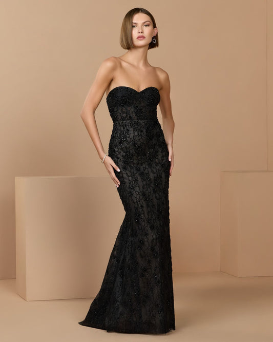 Mac Duggal Black Embellished Strapless Bustier Gown With Sweeping Train