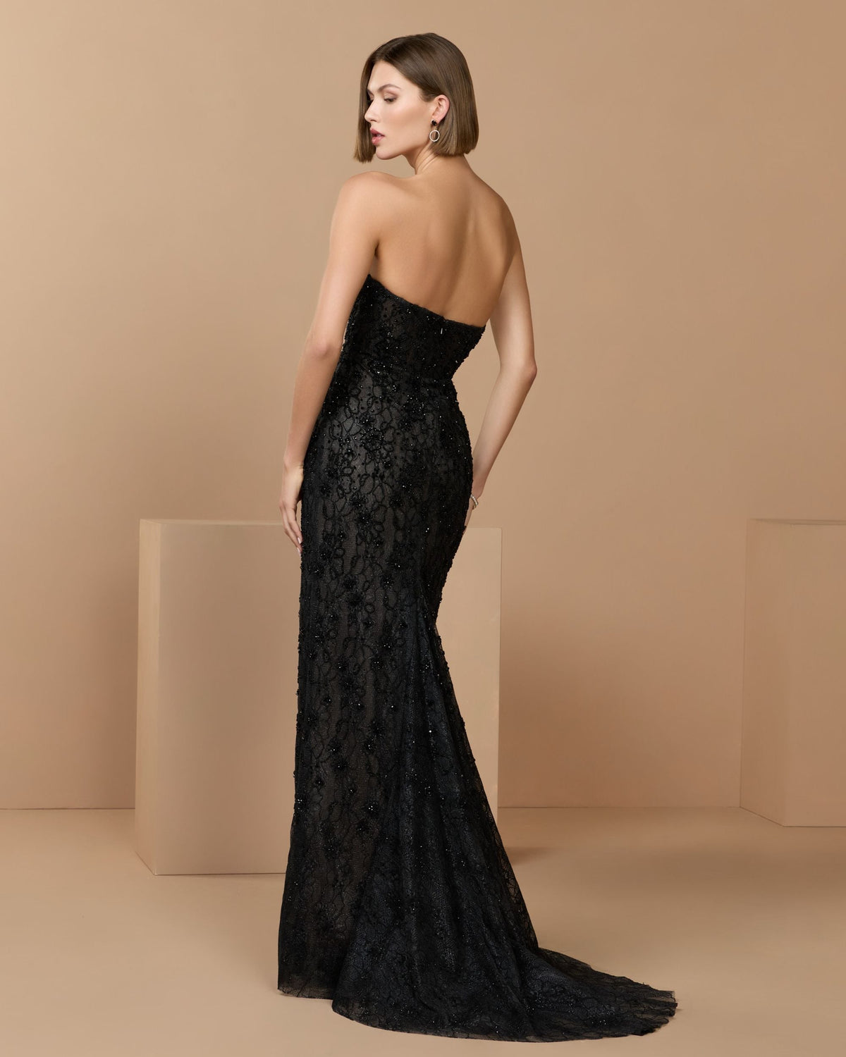 Mac Duggal Black Embellished Strapless Bustier Gown With Sweeping Train