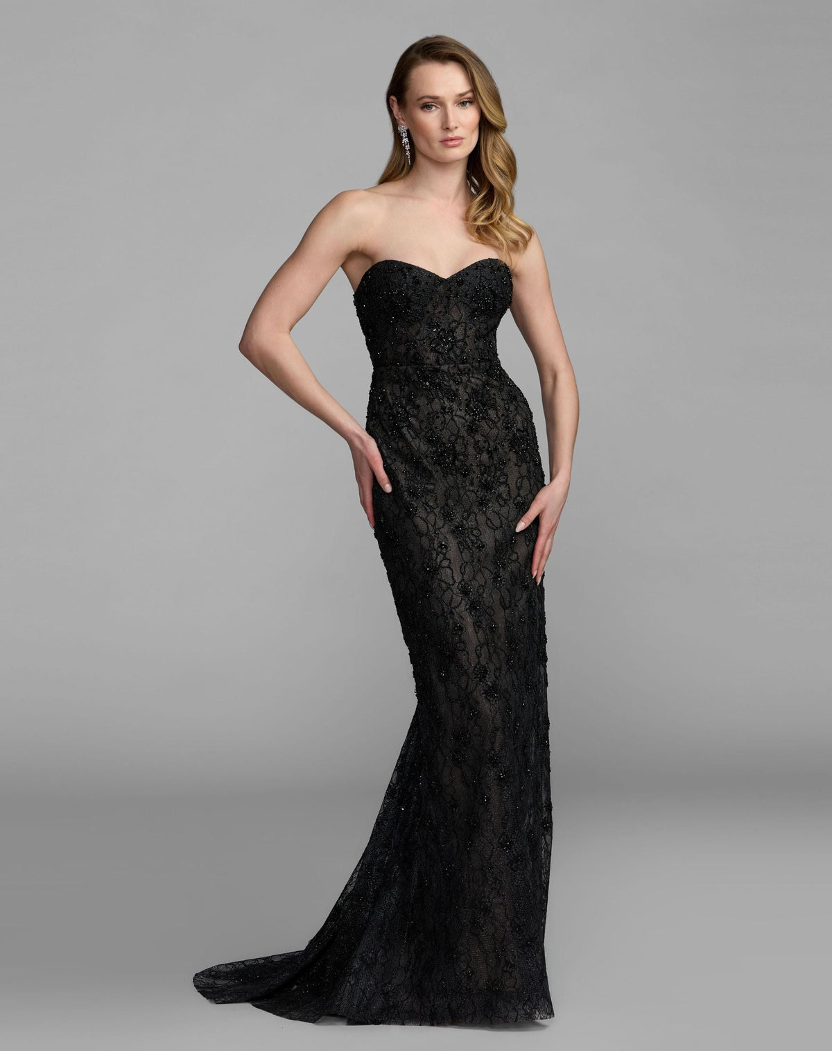 Mac Duggal Black Embellished Strapless Bustier Gown With Sweeping Train