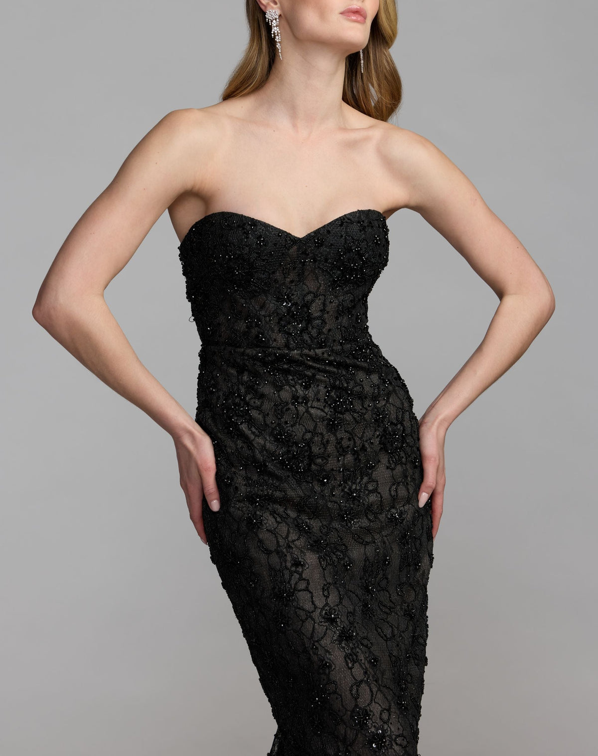 Mac Duggal Black Embellished Strapless Bustier Gown With Sweeping Train