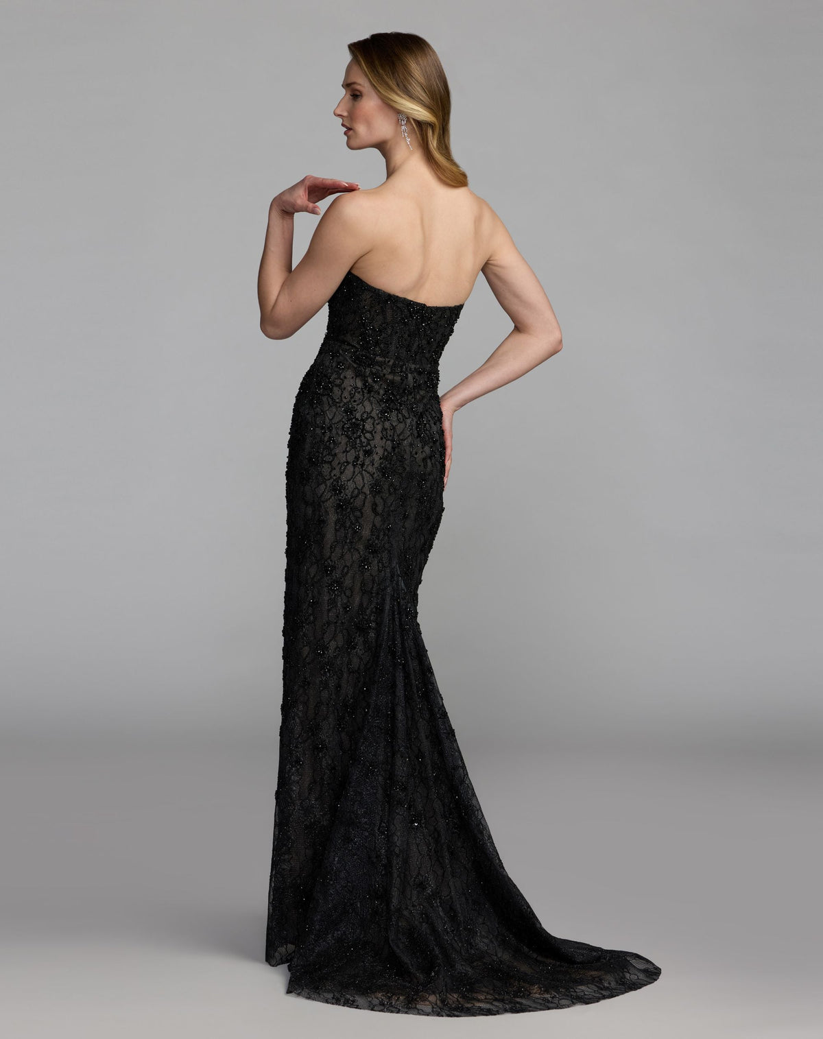 Mac Duggal Black Embellished Strapless Bustier Gown With Sweeping Train