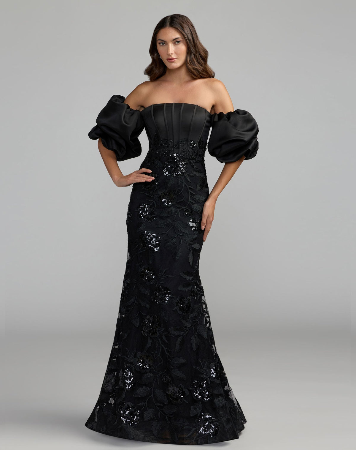 Mac Duggal Black Satin Off The Shoulder Embroidered Mermaid Gown