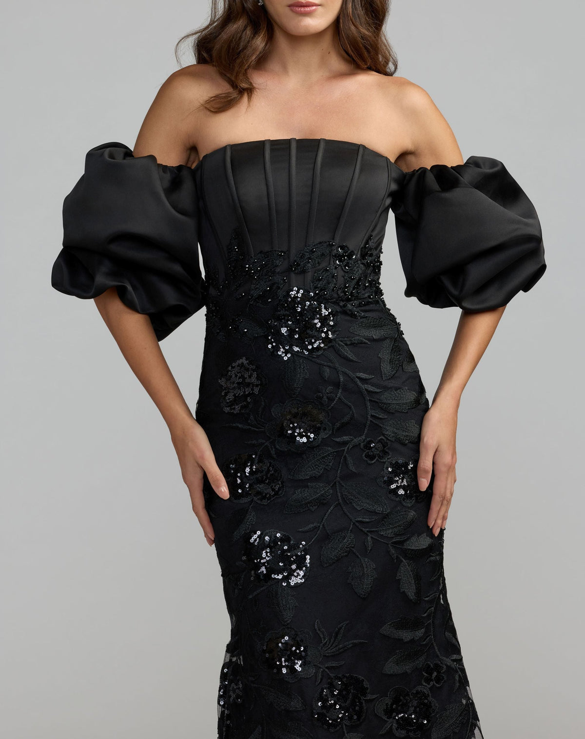 Mac Duggal Black Satin Off The Shoulder Embroidered Mermaid Gown