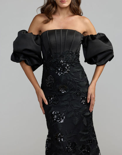 Mac Duggal Black Satin Off The Shoulder Embroidered Mermaid Gown