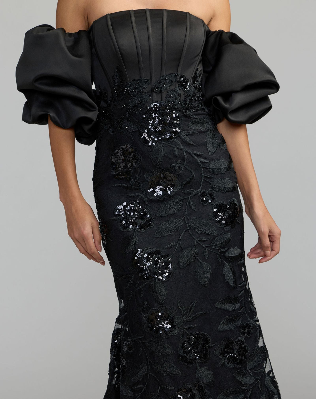 Mac Duggal Black Satin Off The Shoulder Embroidered Mermaid Gown