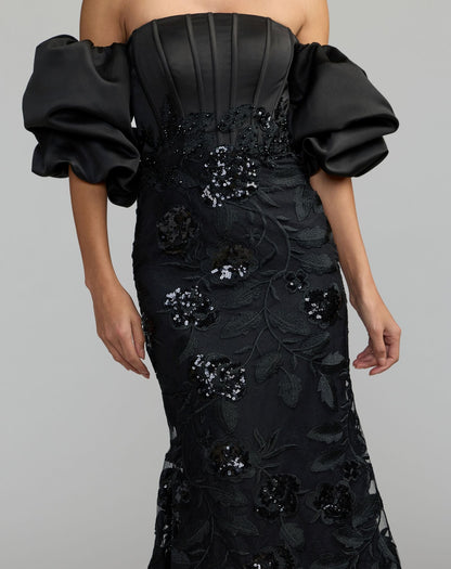 Mac Duggal Black Satin Off The Shoulder Embroidered Mermaid Gown