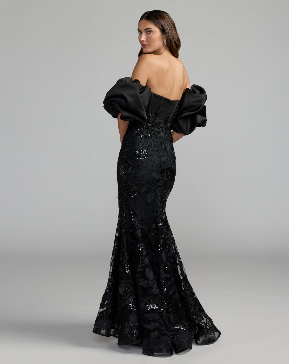 Mac Duggal Black Satin Off The Shoulder Embroidered Mermaid Gown