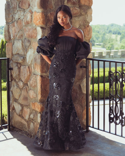 Mac Duggal Black Satin Off The Shoulder Embroidered Mermaid Gown