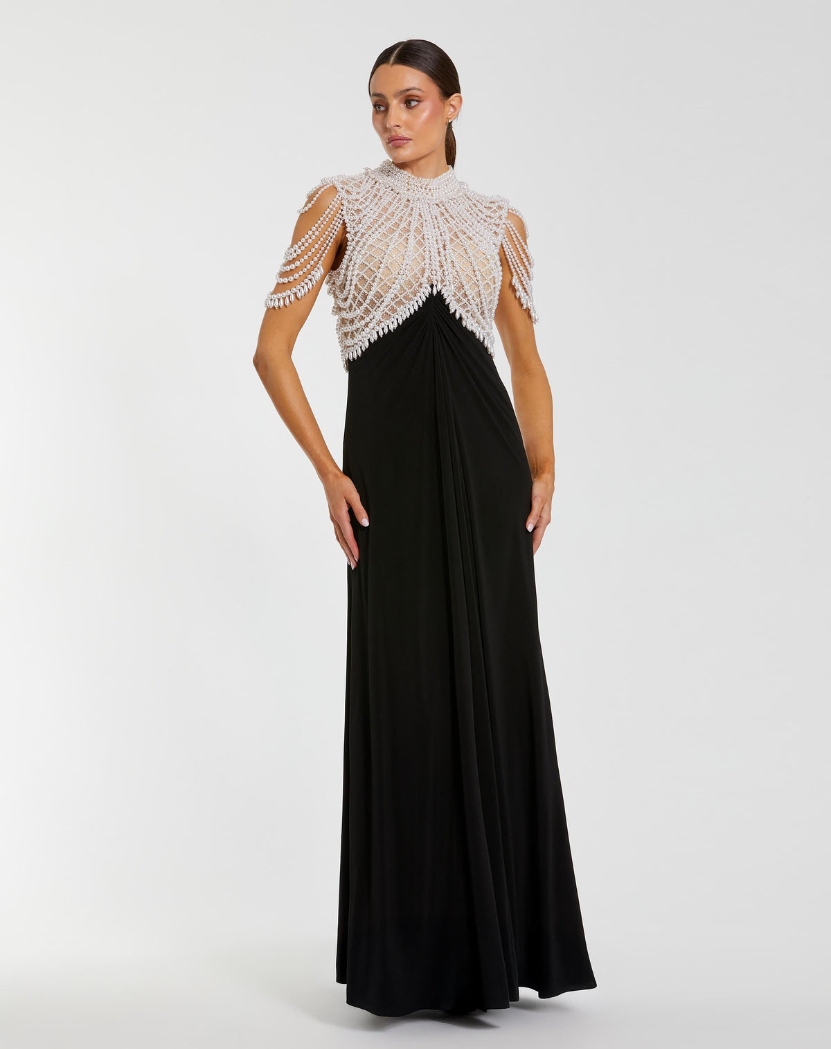 Mac Duggal Black Jersey Gown With Draped Pearl Beading