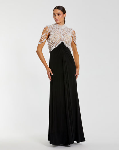Mac Duggal Black Jersey Gown With Draped Pearl Beading