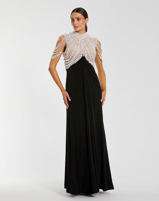 Mac Duggal Black Jersey Gown With Draped Pearl Beading