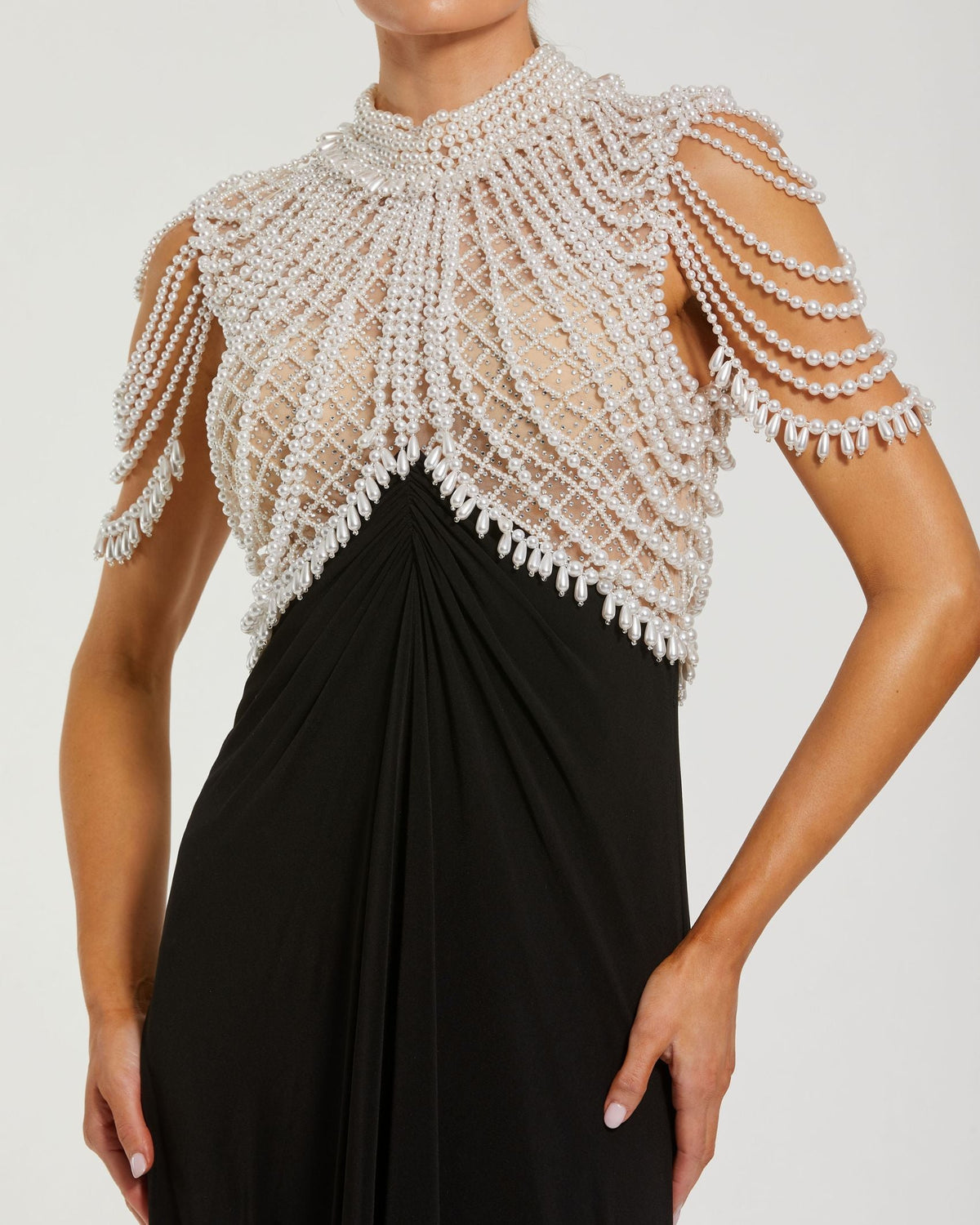 Mac Duggal Black Jersey Gown With Draped Pearl Beading