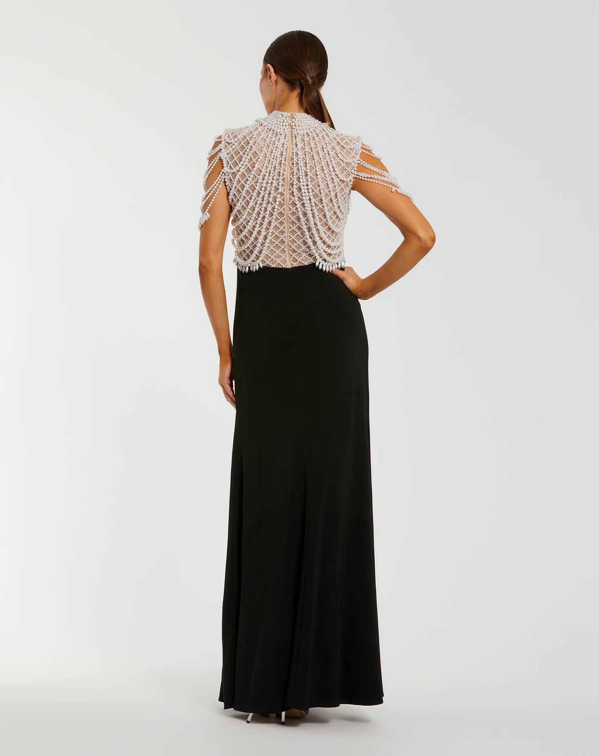 Mac Duggal Black Jersey Gown With Draped Pearl Beading