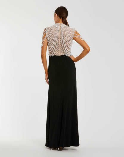Mac Duggal Black Jersey Gown With Draped Pearl Beading