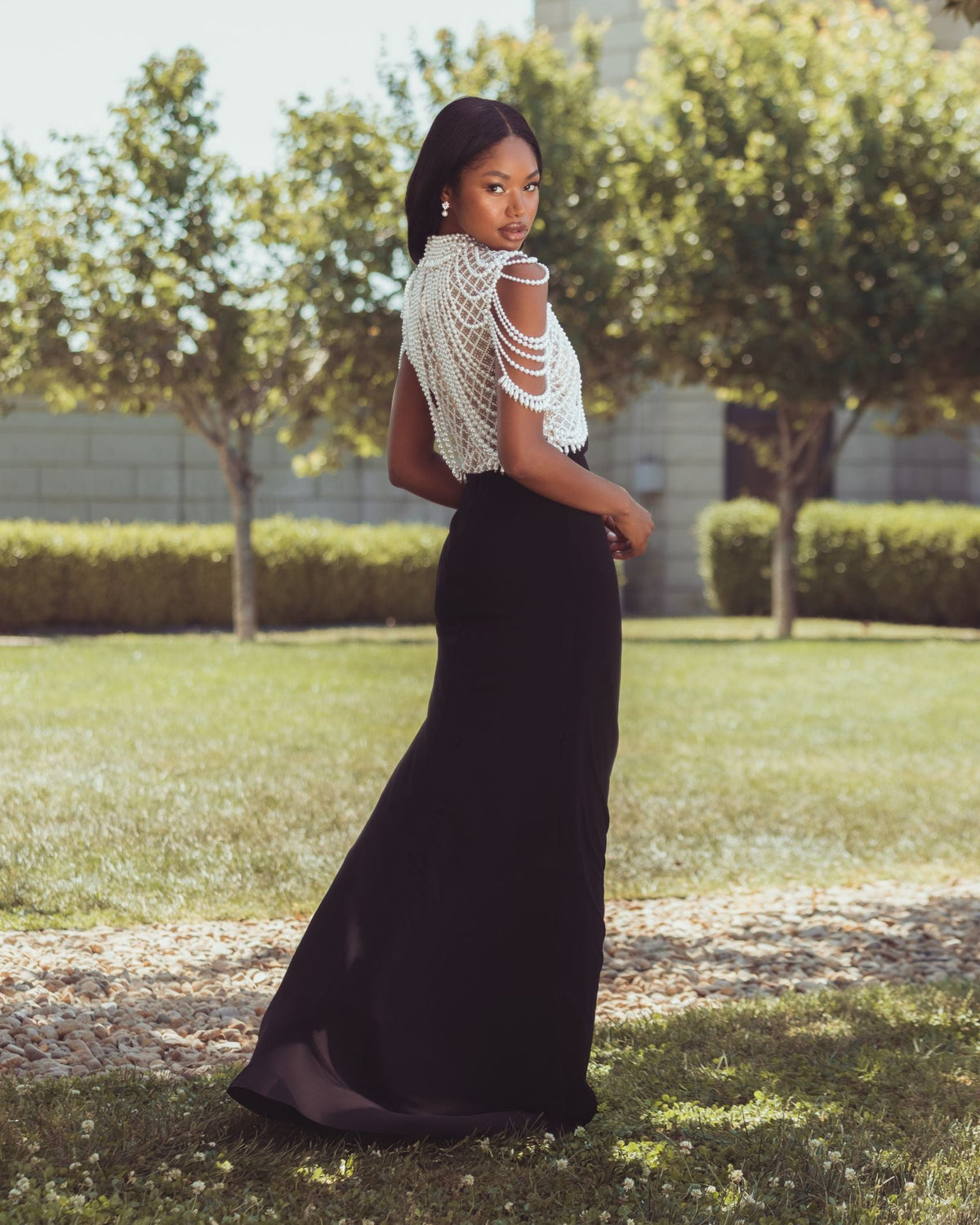 Mac Duggal Black Jersey Gown With Draped Pearl Beading