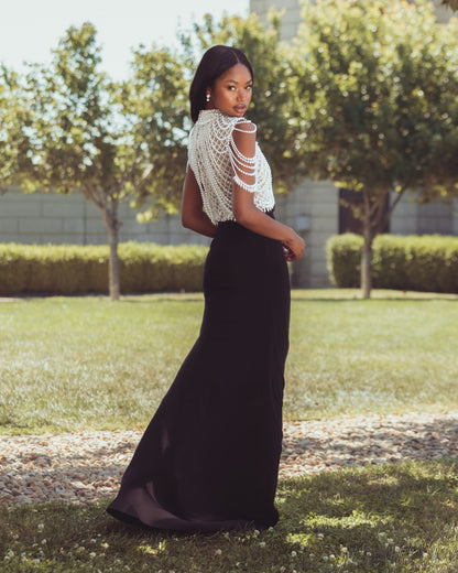 Mac Duggal Black Jersey Gown With Draped Pearl Beading