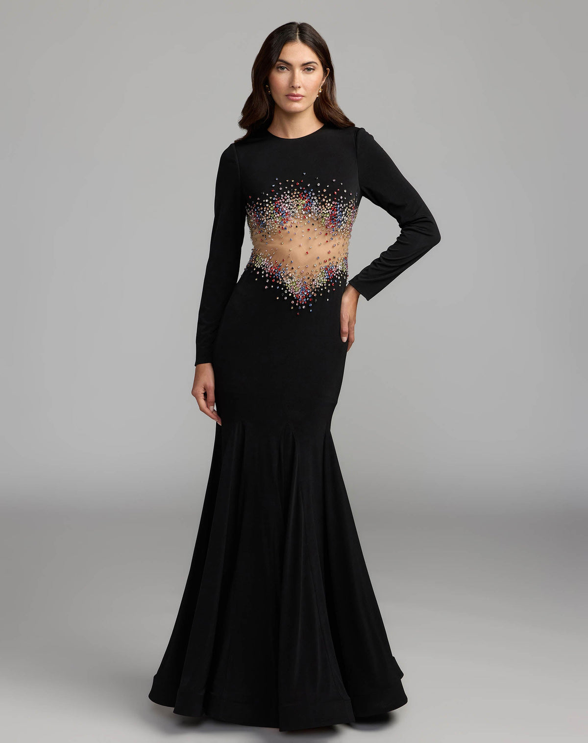 Mac Duggal Black Multicolor Crystal Embellished Illusion Jersey Gown