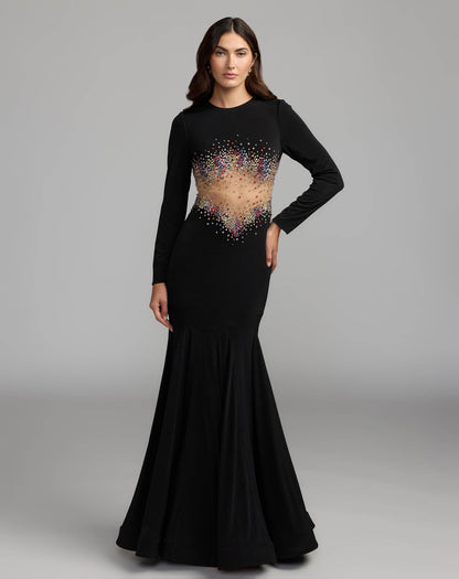 Mac Duggal Black Multicolor Crystal Embellished Illusion Jersey Gown