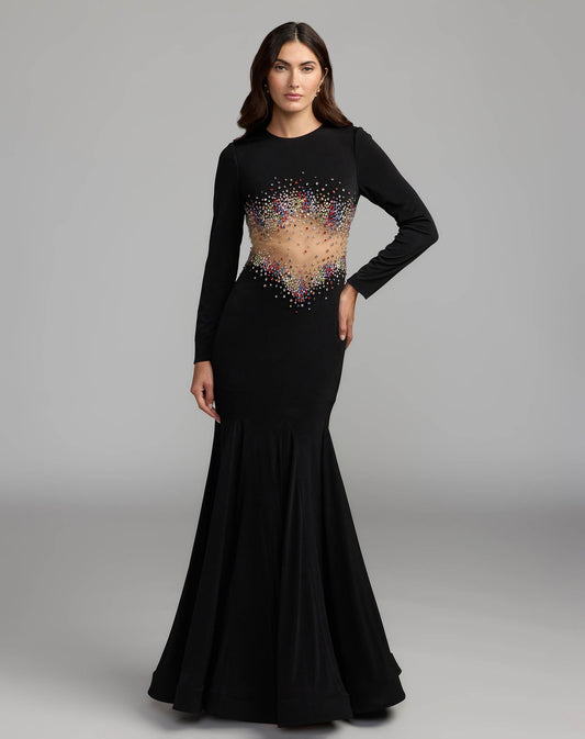 Mac Duggal Black Multicolor Crystal Embellished Illusion Jersey Gown