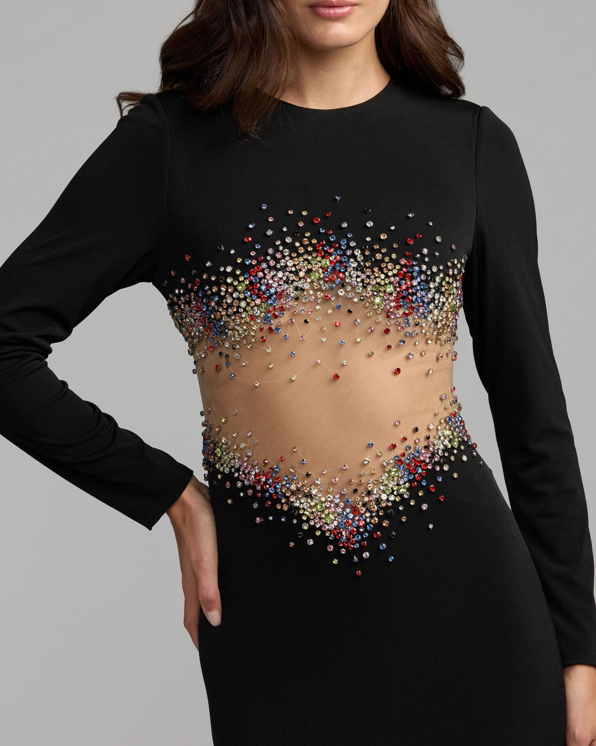 Mac Duggal Black Multicolor Crystal Embellished Illusion Jersey Gown
