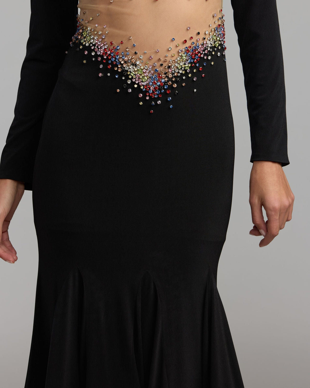 Mac Duggal Black Multicolor Crystal Embellished Illusion Jersey Gown