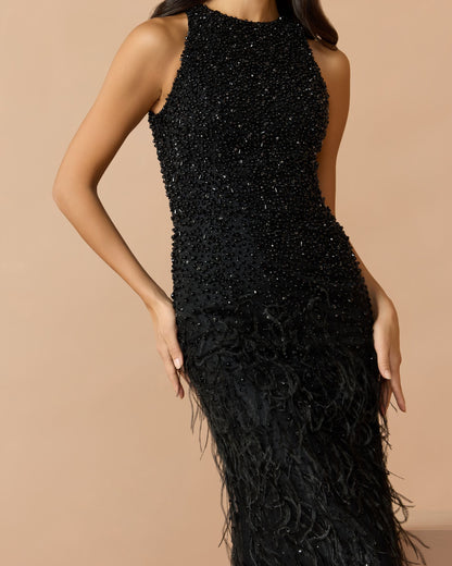 Mac Duggal Black Embellished High Neck Sleeveless Feather Gown