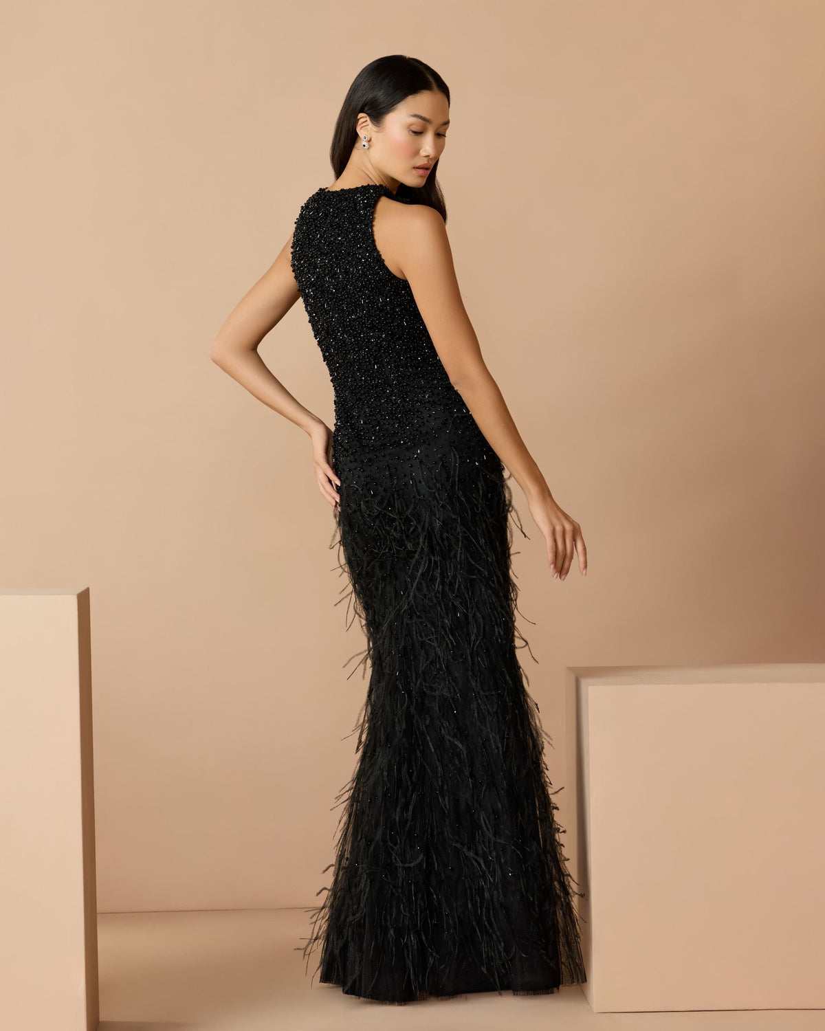 Mac Duggal Black Embellished High Neck Sleeveless Feather Gown