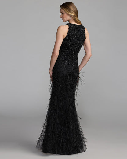 Mac Duggal Black Embellished High Neck Sleeveless Feather Gown