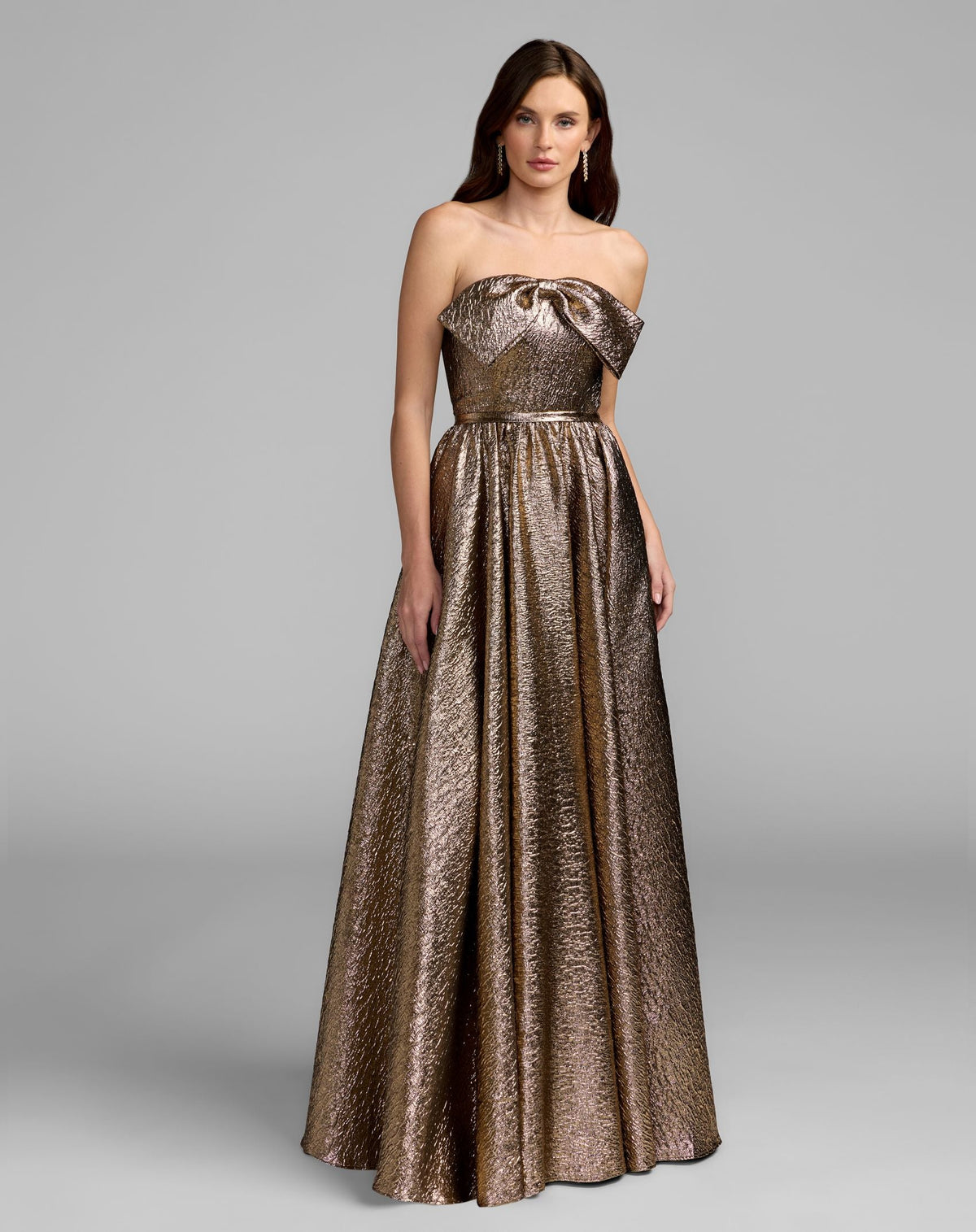 Mac Duggal Petite Gold Metallic Strapless Brocade Gown With Bow