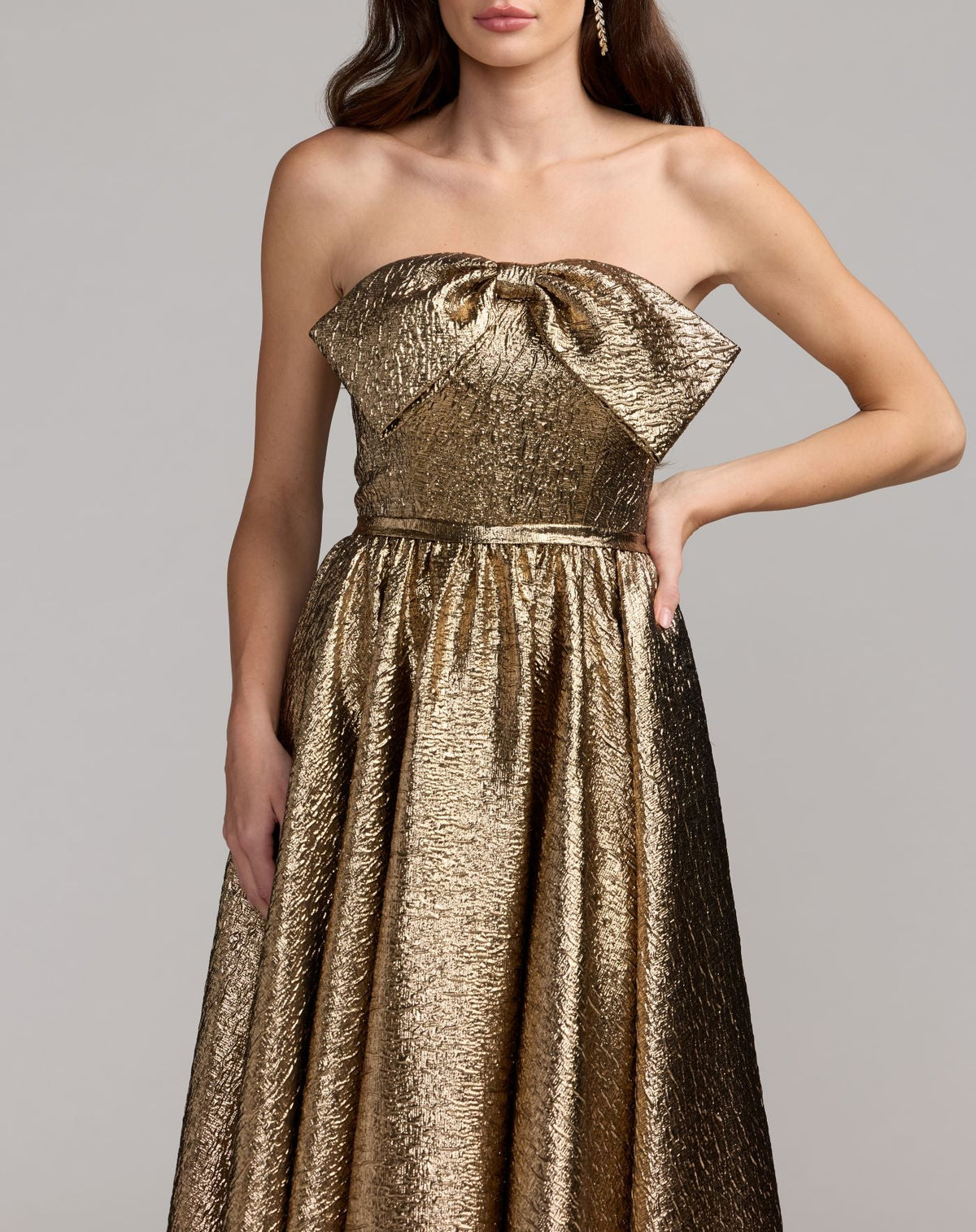 Mac Duggal Petite Gold Metallic Strapless Brocade Gown With Bow