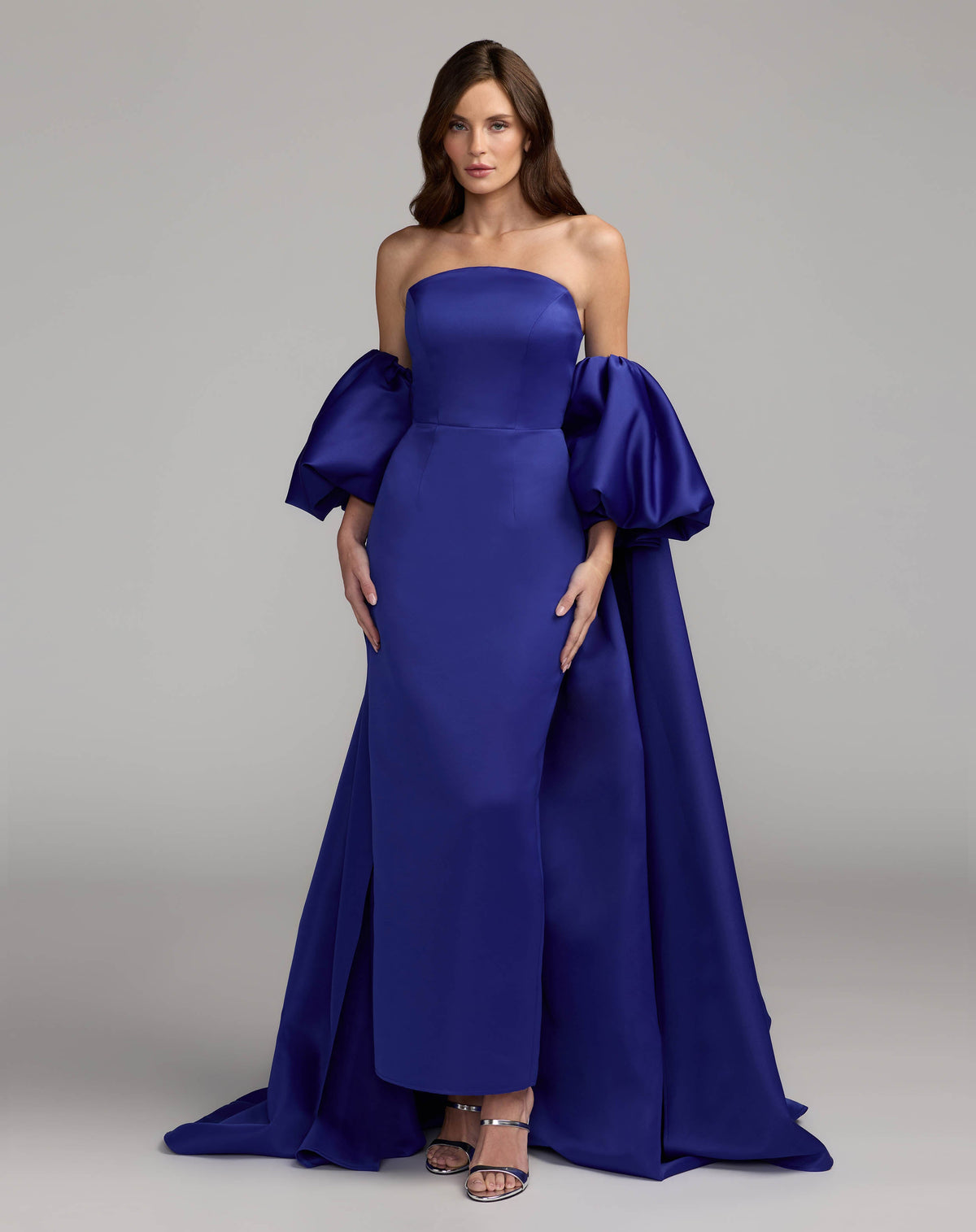 Mac Duggal Blue Off The Shoulder Puff Sleeve Satin Gown With Cape