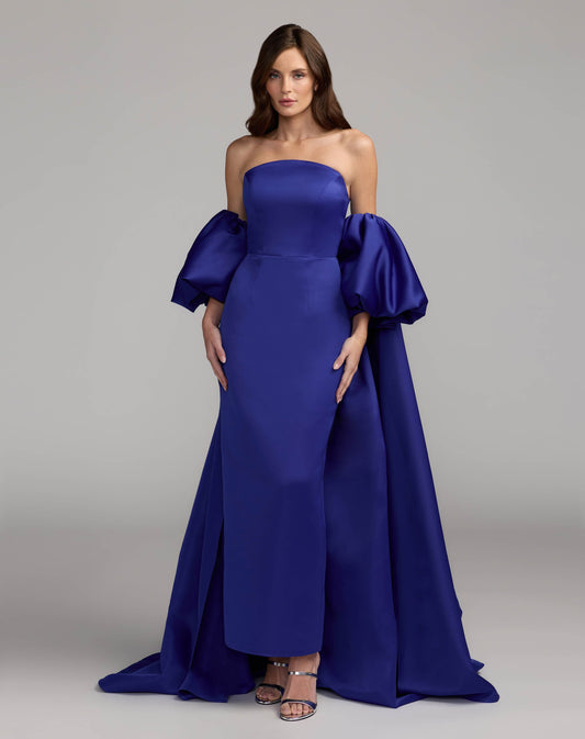 Mac Duggal Blue Off The Shoulder Puff Sleeve Satin Gown With Cape