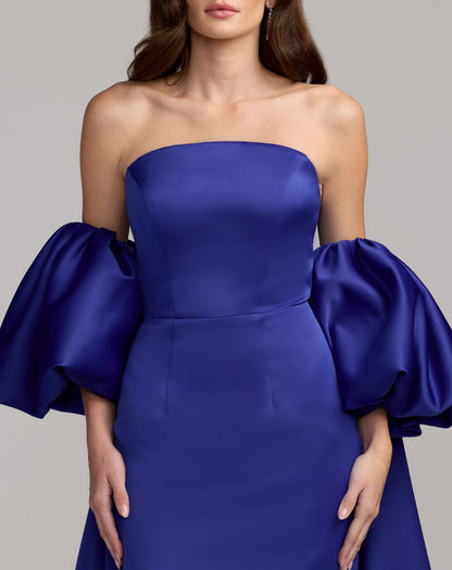 Mac Duggal Blue Off The Shoulder Puff Sleeve Satin Gown With Cape