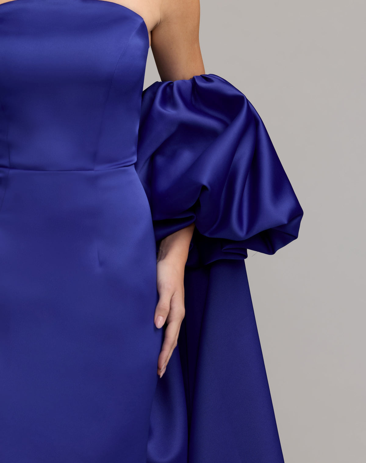 Mac Duggal Blue Off The Shoulder Puff Sleeve Satin Gown With Cape