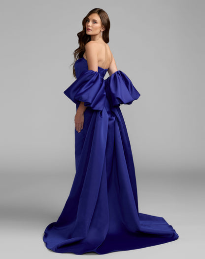 Mac Duggal Blue Off The Shoulder Puff Sleeve Satin Gown With Cape