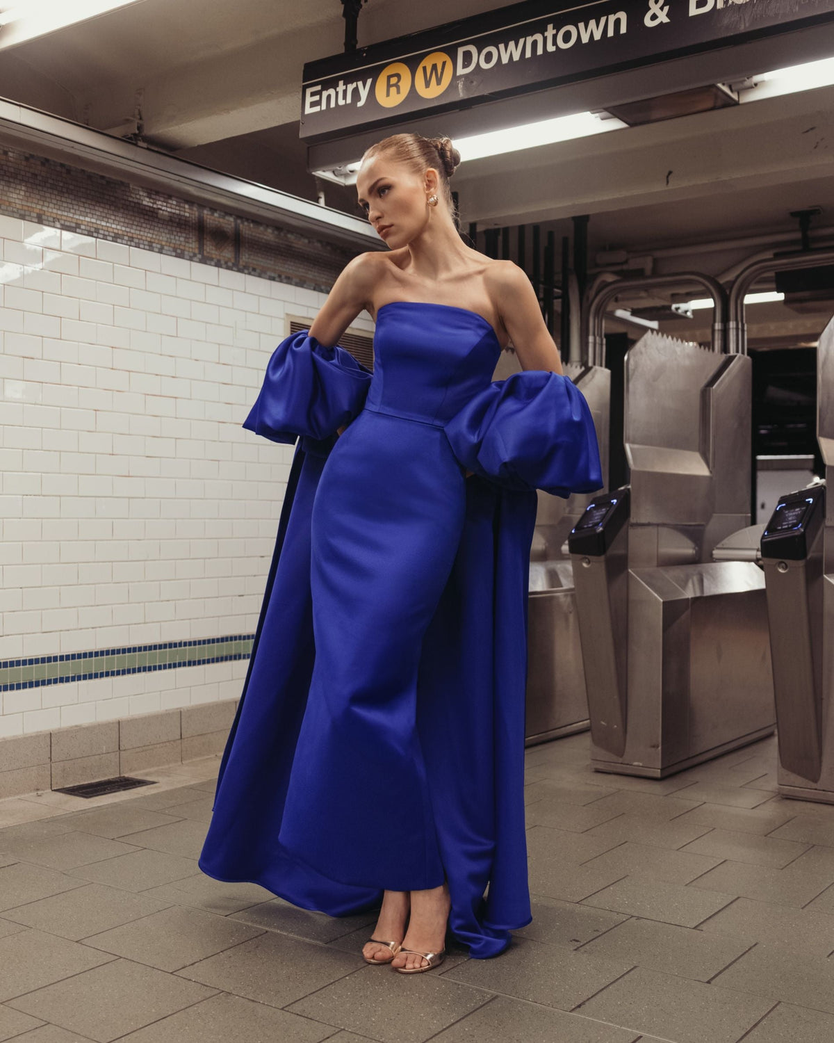 Mac Duggal Blue Off The Shoulder Puff Sleeve Satin Gown With Cape