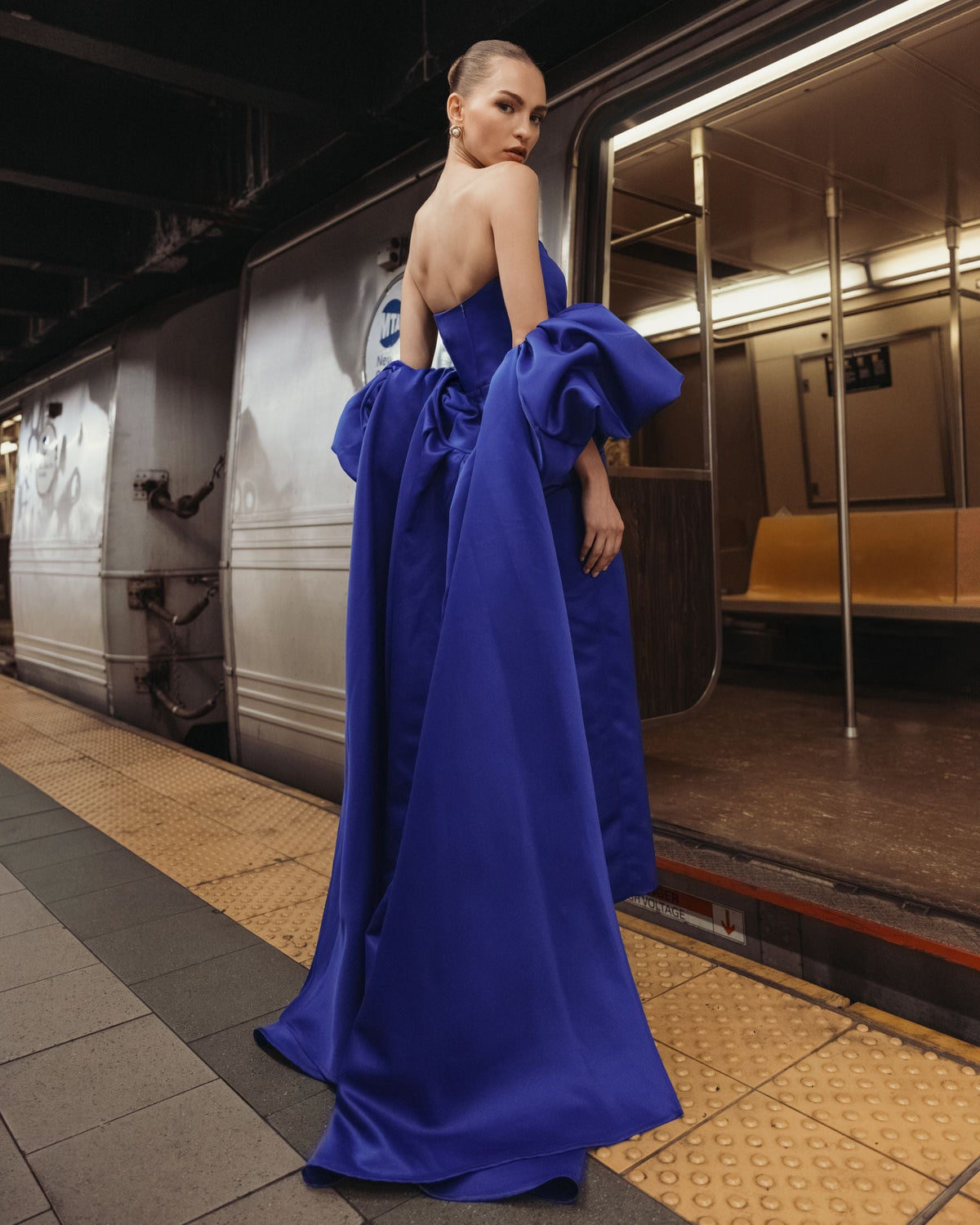 Mac Duggal Blue Off The Shoulder Puff Sleeve Satin Gown With Cape