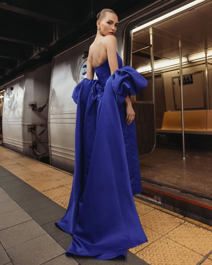 Mac Duggal Blue Off The Shoulder Puff Sleeve Satin Gown With Cape