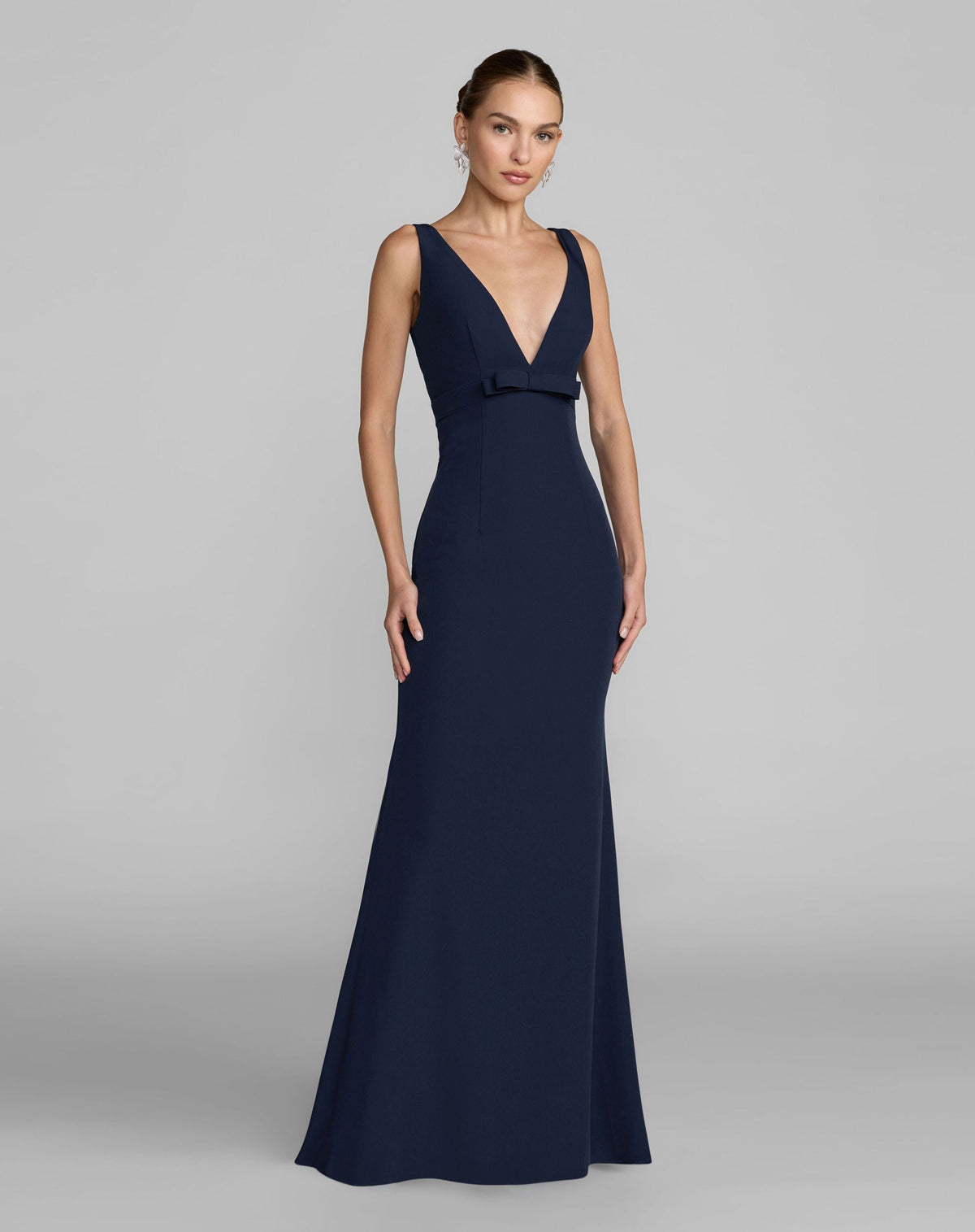 Mac Duggal Navy Crepe V-Neck Mermaid Gown With Bow