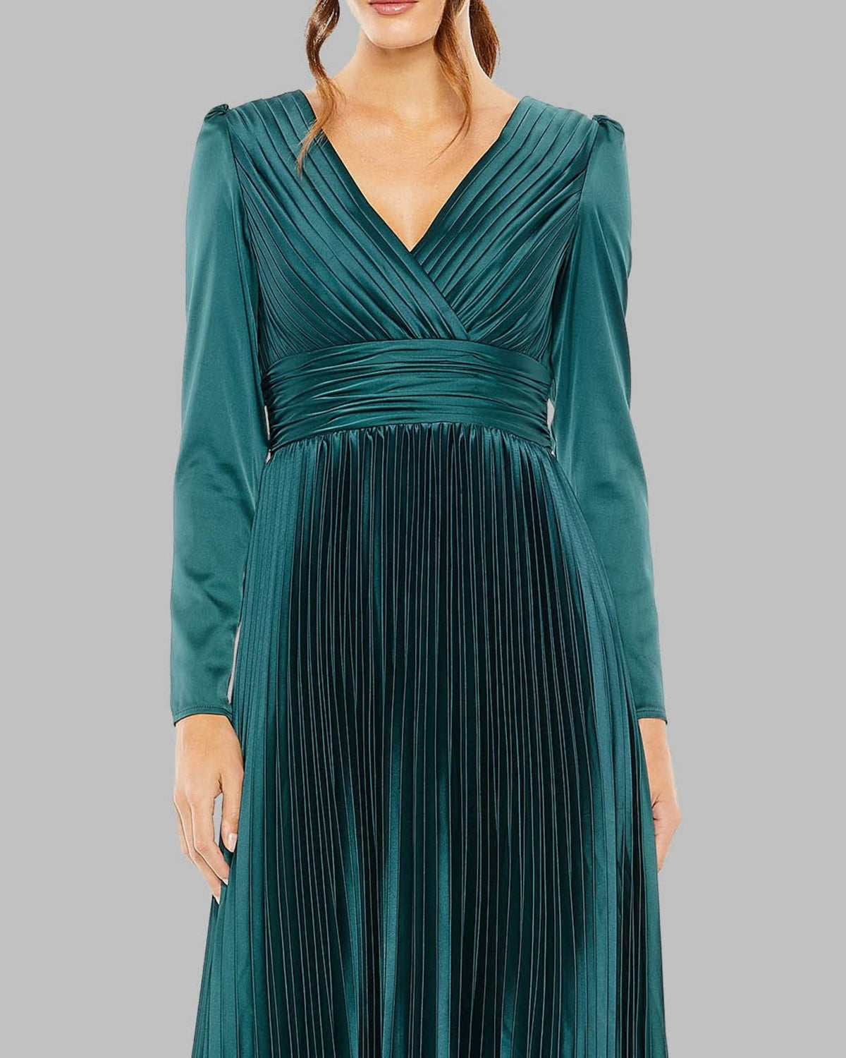 Mac Duggal Teal Pleated Long Sleeve V-Neck Gown