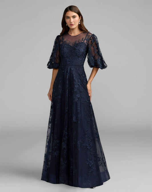 Mac Duggal Navy Embroidered Illusion Neck Puff Sleeve A-Line Gown