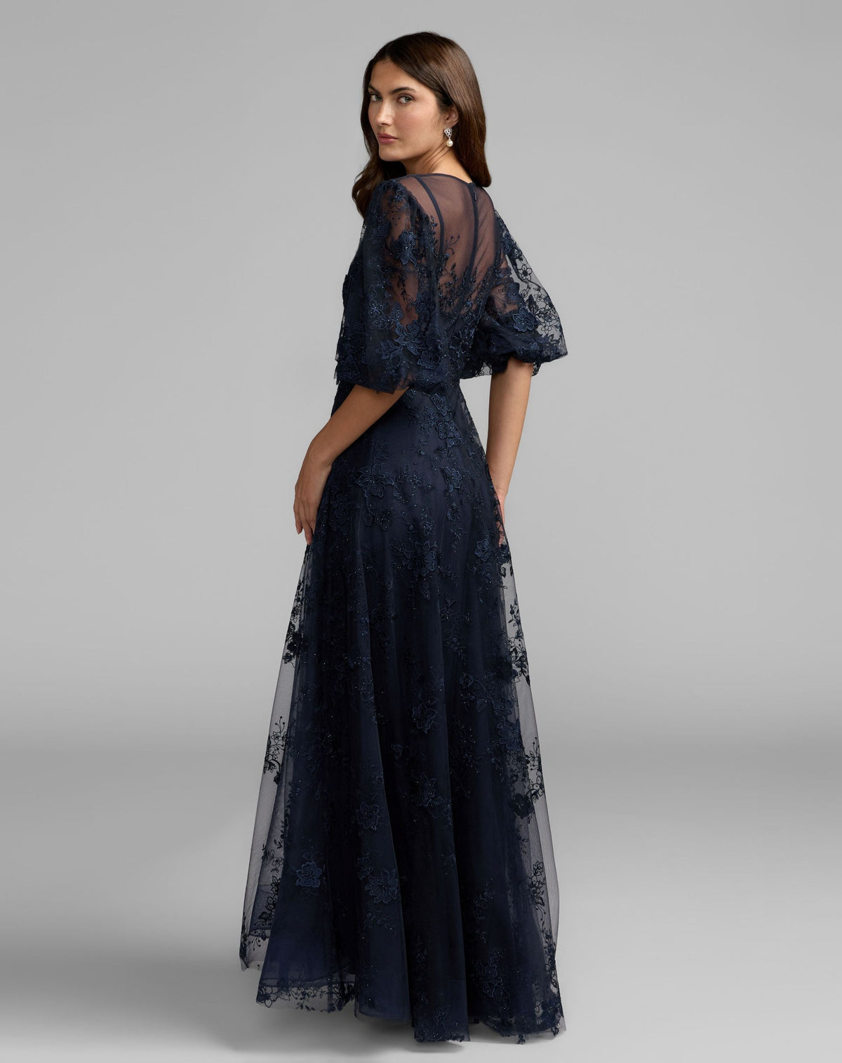 Mac Duggal Navy Embroidered Illusion Neck Puff Sleeve A-Line Gown